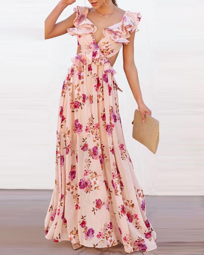 Damen Elegantes Maxikleid mit Rüschendetails und floralem Design EB