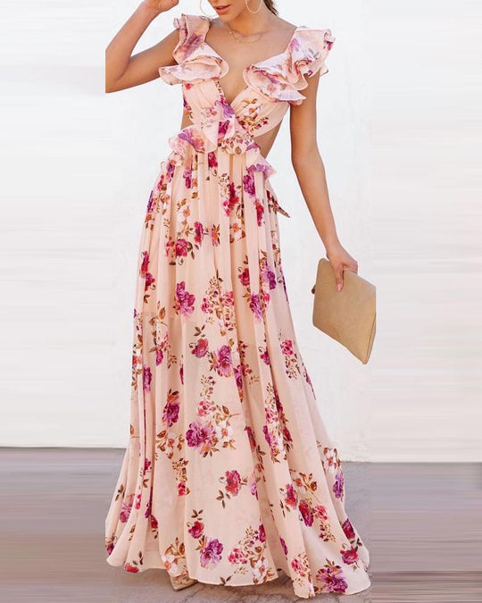 Damen Elegantes Maxikleid mit Rüschendetails und floralem Design EB