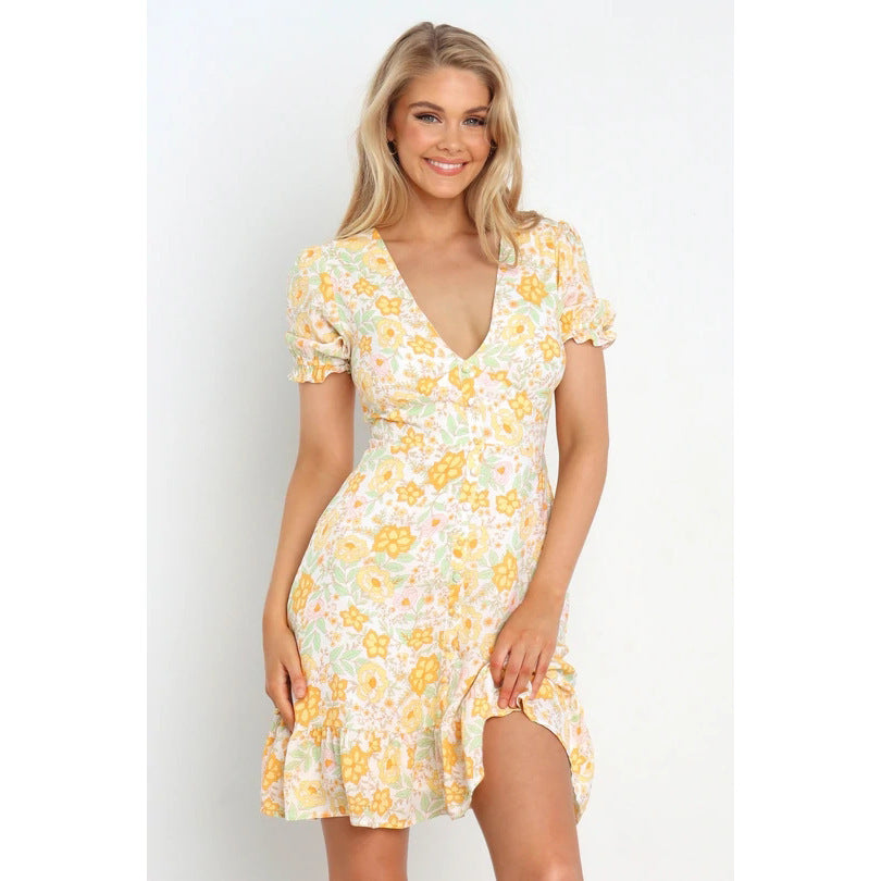 Damen Minikleid im romantischen Garden-Style mit voluminösen Ärmeln und verspieltem Saum EB