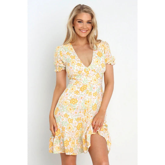 Damen Minikleid im romantischen Garden-Style mit voluminösen Ärmeln und verspieltem Saum EB