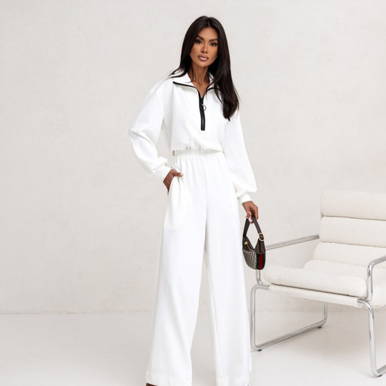 Damen relaxed-fit Zip-Pullover mit elastischem Taillenbund und extraweiter Palazzo-Hose Zweiteiler Eichborn Berlin