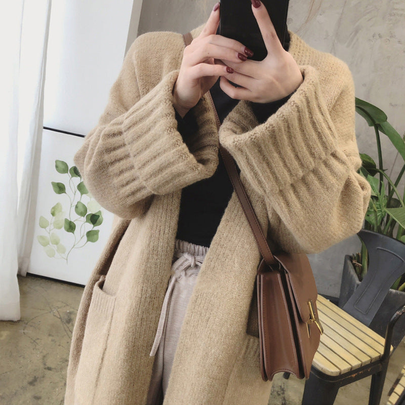 Damen Oversized Strickmantel mit praktischen Taschen und tiefem V-Ausschnitt EB