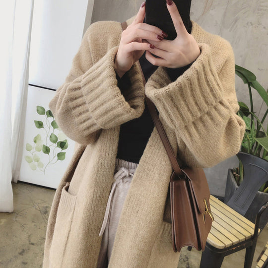 Damen Oversized Strickmantel mit praktischen Taschen und tiefem V-Ausschnitt EB