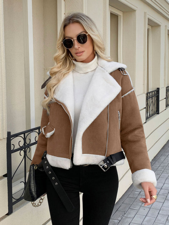 Damen modische jacke mit Kunstfellkragen und Gürtel EB