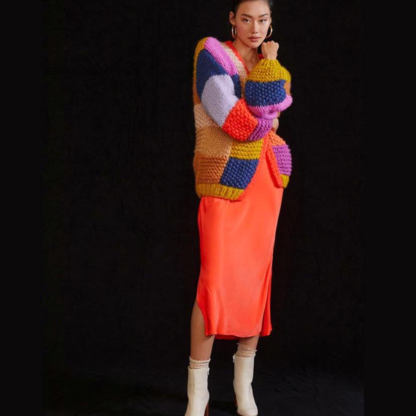 Damen Grobstrick-Cardigan mit buntem Patchwork-Design EB