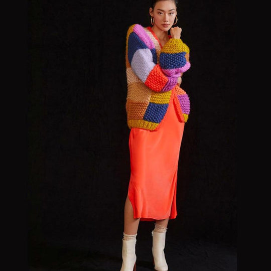 Damen Grobstrick-Cardigan mit buntem Patchwork-Design EB