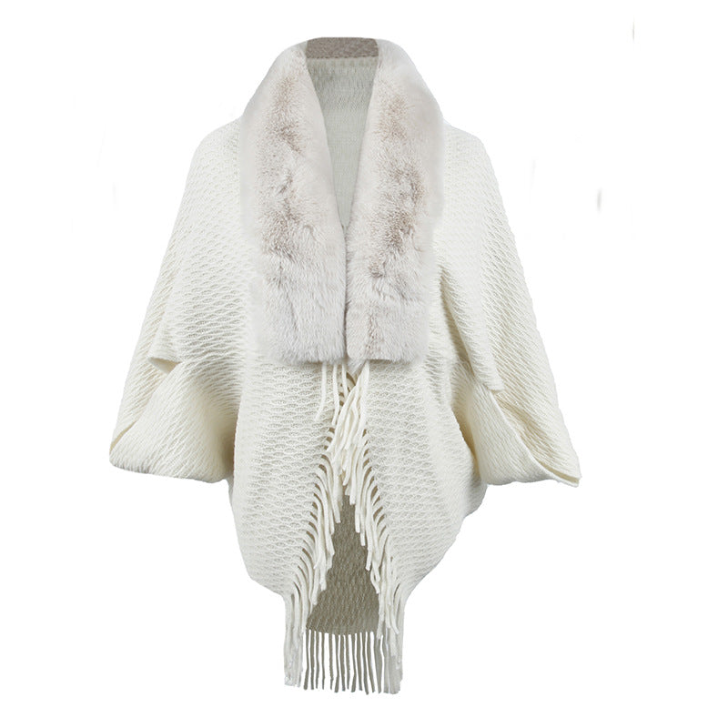 Damen modischer Poncho mit luxuriösem Kunstfellkragen EB