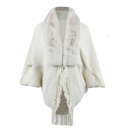 Damen modischer Poncho mit luxuriösem Kunstfellkragen EB