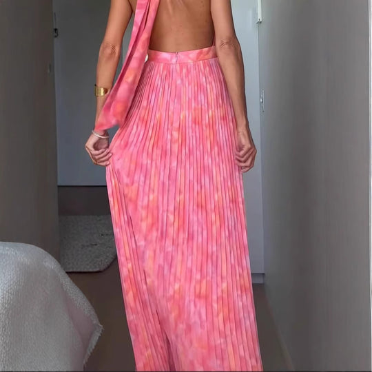 Damen Plissiertes Maxikleid mit tiefem Ausschnitt und elegantem Gürtel EB