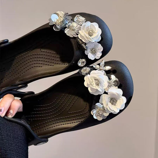 Damen Clogs mit dekorativen Blütenapplikationen und rutschfester Sohle EB