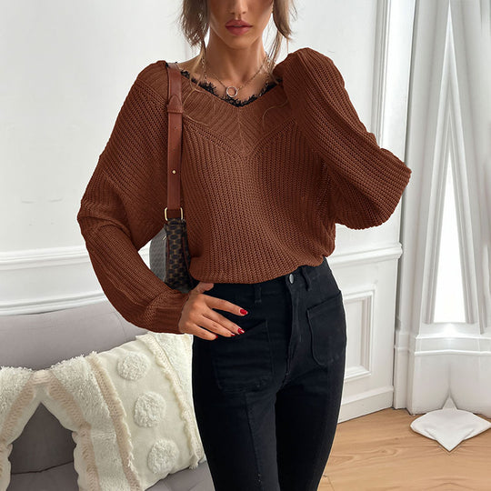 Damen lässiges Strickoberteil mit modischem V-Ausschnitt und detailreicher Textur EB