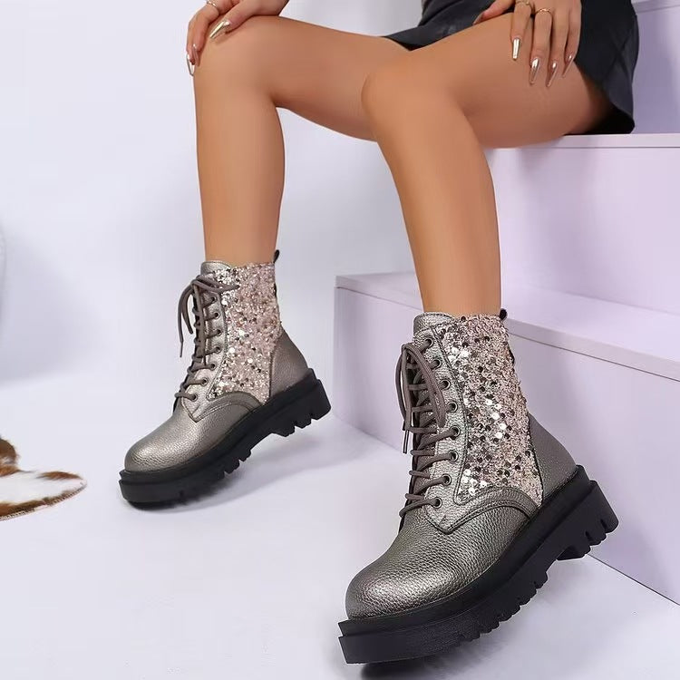 Damen  glitzernde Schnür-Bikerboots mit robust profilierter Sohle und metallisch genarbter Oberfläche EB