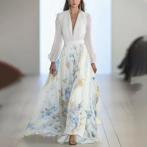Damen nan fließendes Chiffon-Maxikleid mit tiefem V-Ausschnitt, tailliertem Bund und langem Glockenrock EB