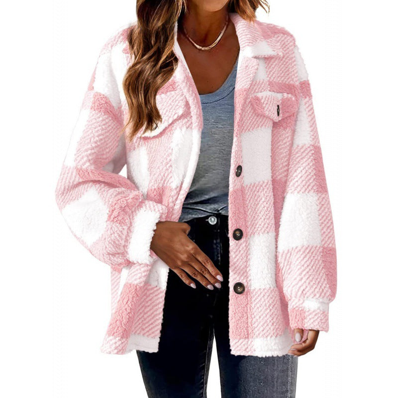 Damen Flauschige Karojacke mit Druckknopfverschluss und praktischen Taschen EB