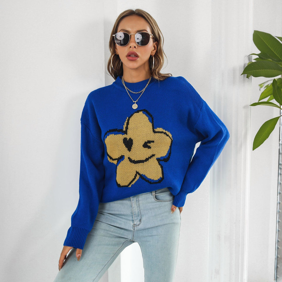 Damen Strickpullover mit verspieltem Blumenmotiv EB