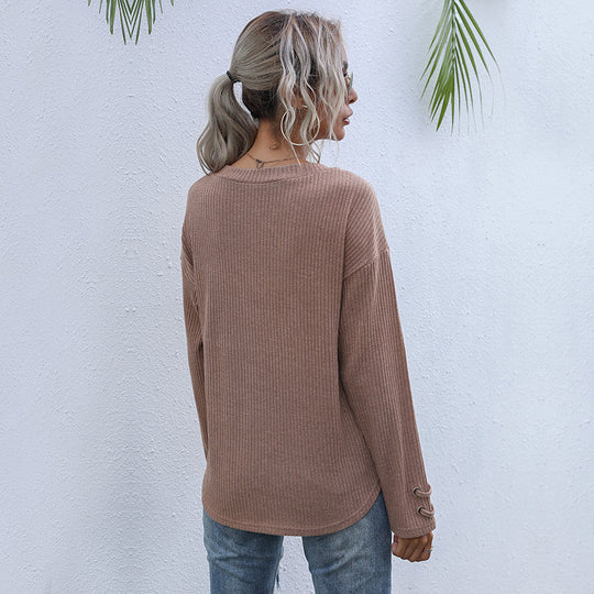 Damen lässiger Pullover mit V-Ausschnitt und Schnürung EB