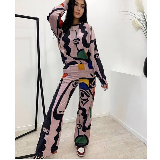 Damen Lässiges Shirt- und Hosen-Set mit buntem grafischen Muster EB