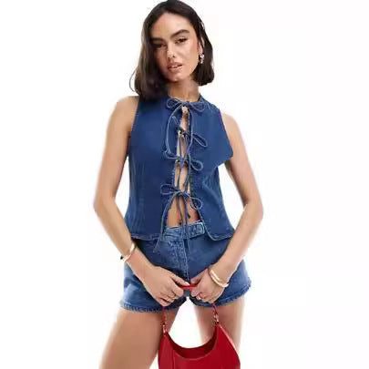 Damen Denim Bustier-Top mit verspieltem Schnürdetail EB