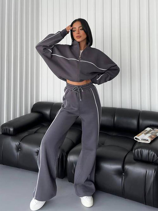 Damen lässiges Crop-Sweat-Set mit weitem Schnitt und hohem Kragen EB