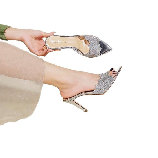 Damen elegante Slingback-Mules mit Spitze und filigraner Blumenverzierung EB