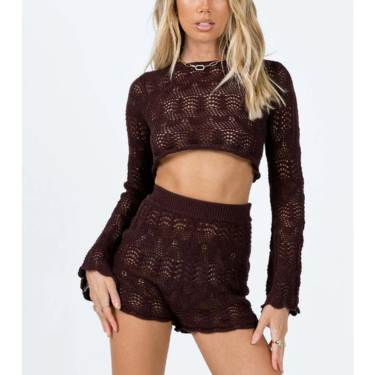 Damen elegantes Strick-Crop-Top und Shorts Set EB