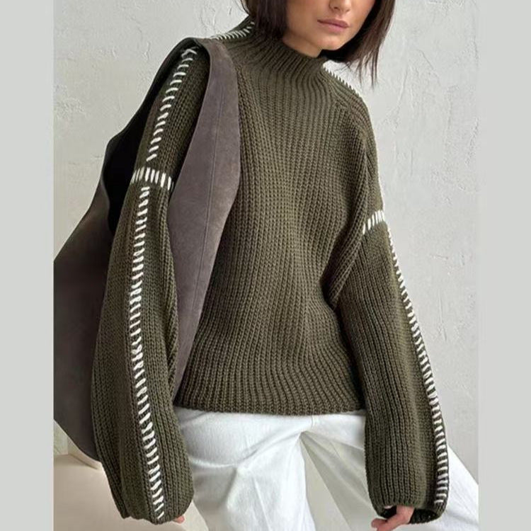 Damen nan Grobstrick-Oversize-Pullover mit hoher Rollkragenkante und Zierstich-Ärmeln EB