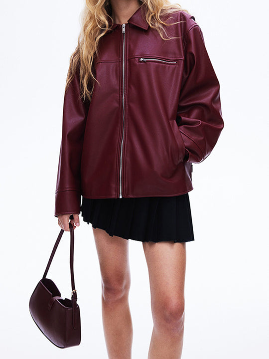 Damen modische Kunstlederjacke mit elastischem Saum und modernem Schnitt EB