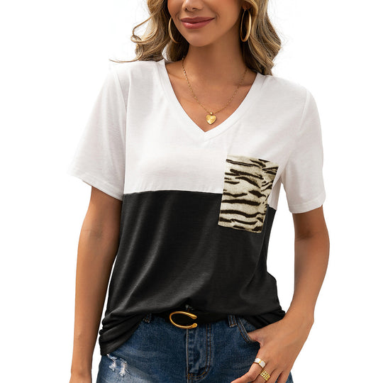 Damen V-Ausschnitt T-Shirt mit tierischem Taschenmotiv und lässigem Schnitt EB