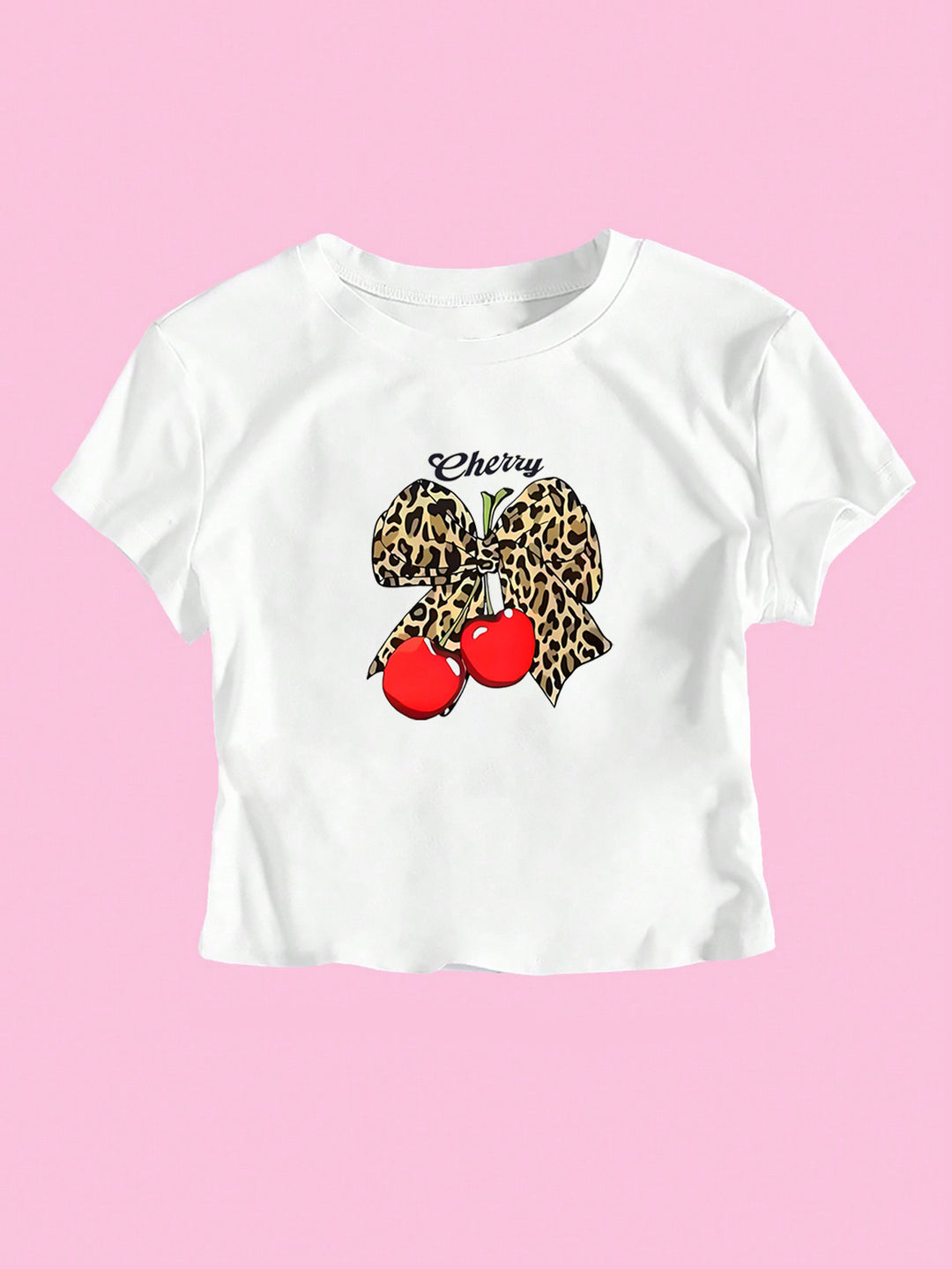 Damen Crop-T-Shirt mit verspieltem Leoparden-Schleifenmotiv und fruchtigem Print EB