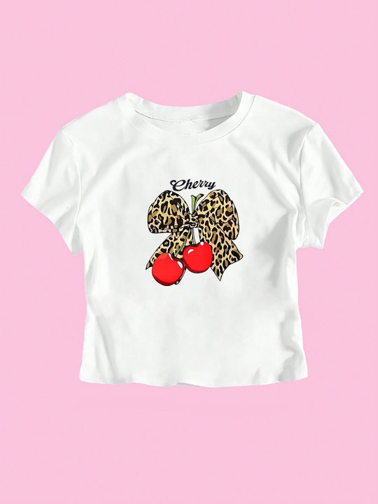 Damen Crop-T-Shirt mit verspieltem Leoparden-Schleifenmotiv und fruchtigem Print EB