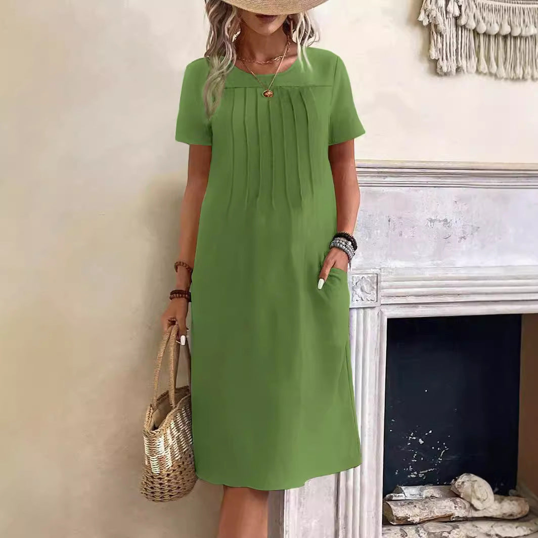 Damen lässiges Midi-Kleid mit Falten-Design und praktischen Taschen EB
