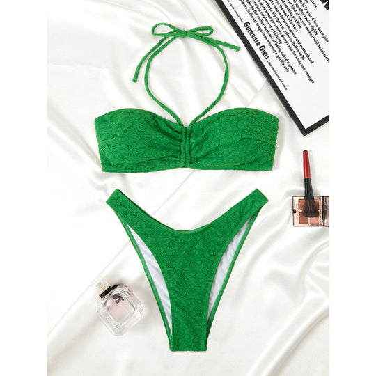 Damen Bandeau Bikini mit verstellbaren Trägern und exquisitem Texturmuster EB