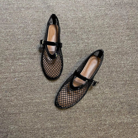 Damen Atmungsaktive Netz-Ballerinas im Mary-Jane-Stil mit verstellbarem Riemen EB
