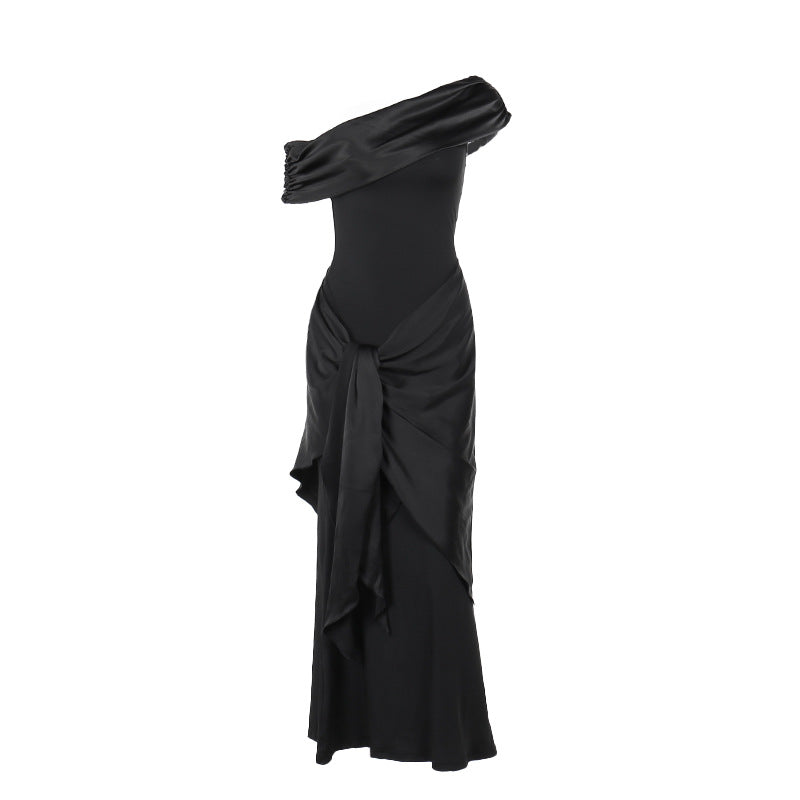 Damen bodenlanges Abendkleid mit asymmetrischem Schnitt und tiefem V-Ausschnitt EB