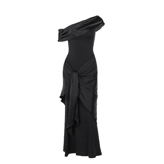 Damen bodenlanges Abendkleid mit asymmetrischem Schnitt und tiefem V-Ausschnitt EB