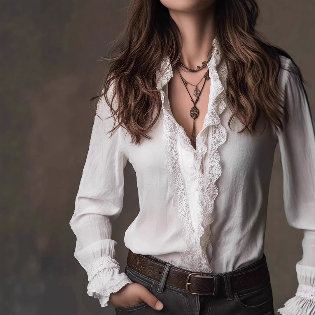 Damen elegante Bluse mit Rüschendetails und Spitzenbesatz EB