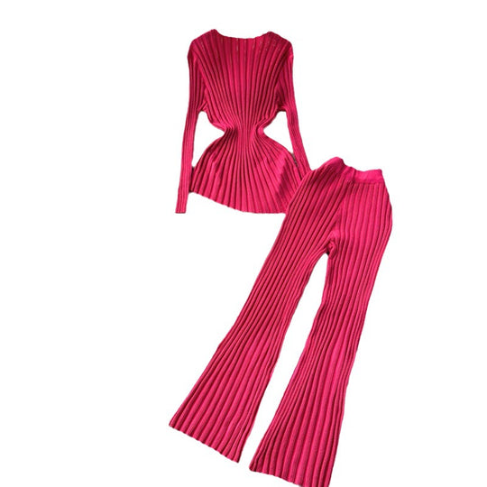 Damen modisches Strick-Loungewear-Set mit schmeichelnden Rippdetails EB