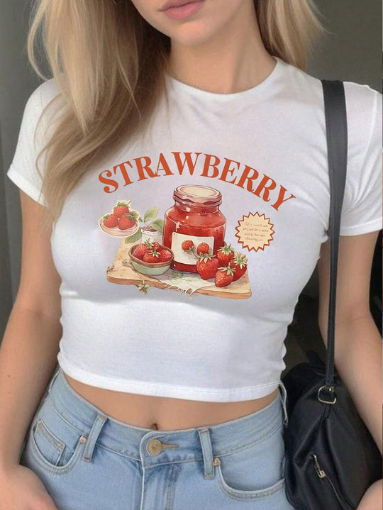 Damen Crop-Top mit kreativem Erdbeer-Design und figurbetontem Schnitt EB