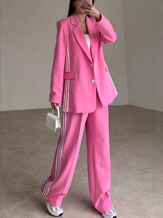 Damen Modisches Blazer-Hosen-Set mit kontrastierenden Streifen EB