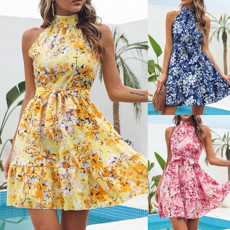 Damen Verspieltes Blumenkleid mit hohem Kragen und Rüschensaum EB