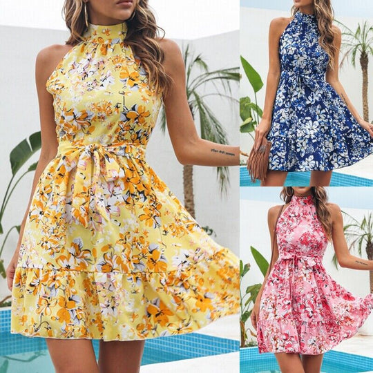 Damen Verspieltes Blumenkleid mit hohem Kragen und Rüschensaum EB