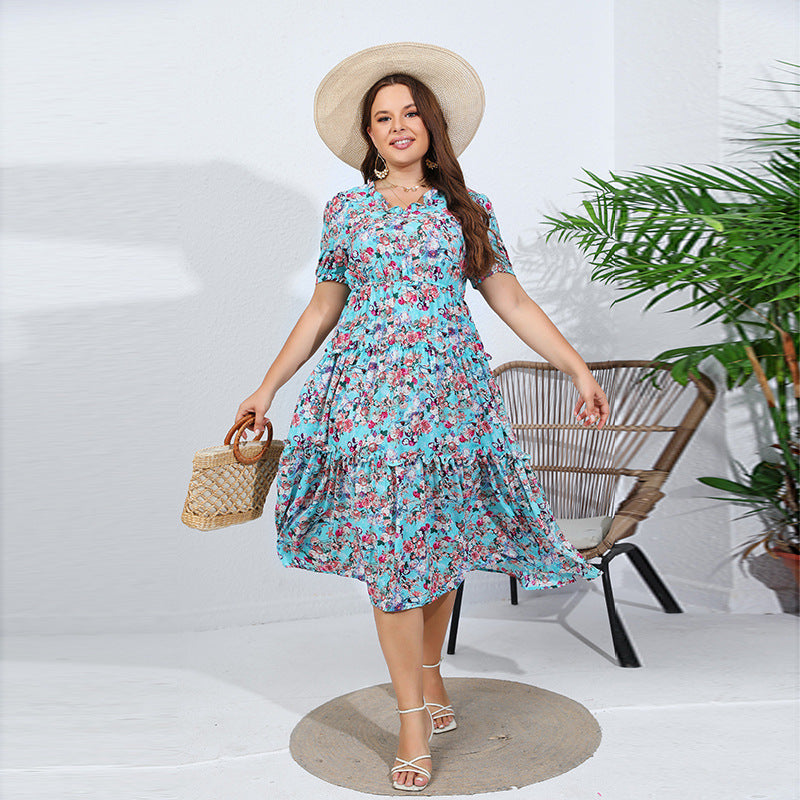 Damen Midikleid mit floralen Rüschendetails und elastischem Taillenbund EB