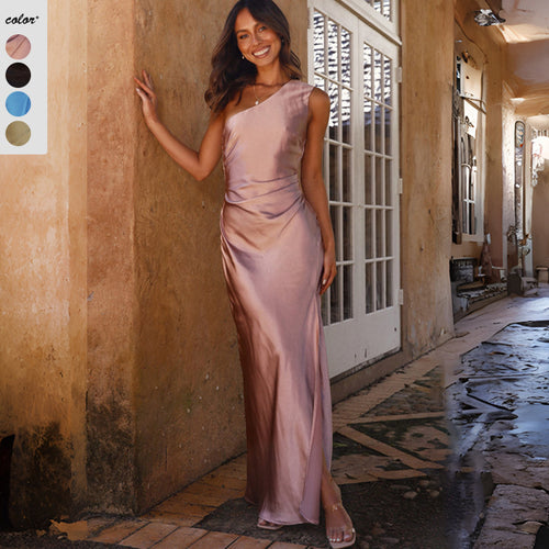 Damen Maxikleid mit asymmetrischem Design und elegantem Satin-Finish EB