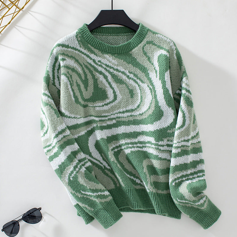 Damen gemusterter Strickpullover mit modernem Wellenmuster und Rundhalsausschnitt EB