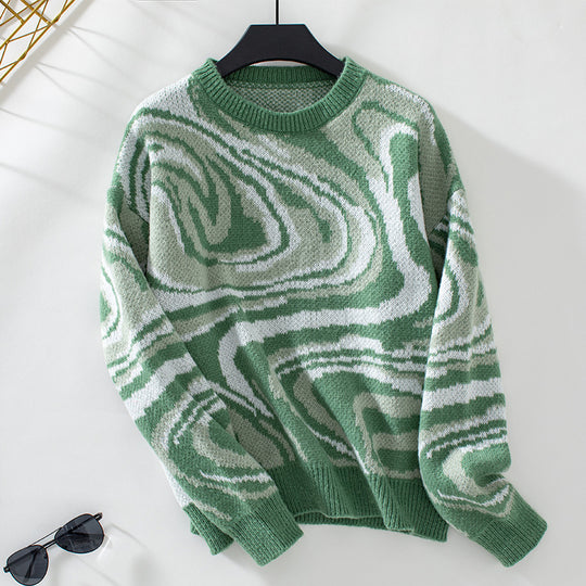 Damen gemusterter Strickpullover mit modernem Wellenmuster und Rundhalsausschnitt EB