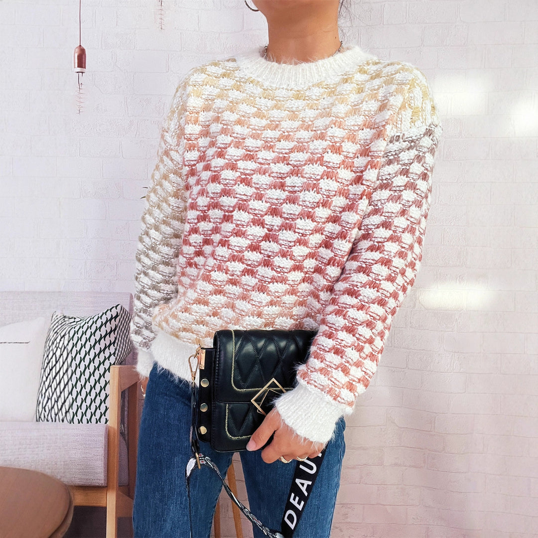 Damen Modischer Strickpullover mit Karo-Muster EB