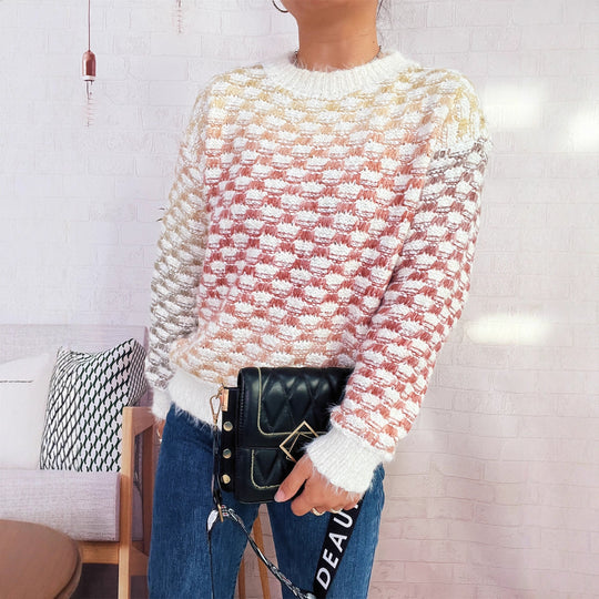 Damen Modischer Strickpullover mit Karo-Muster EB