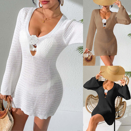 Damen gehäkeltes Strandkleid mit tiefem V-Ausschnitt und eleganter Blüte EB