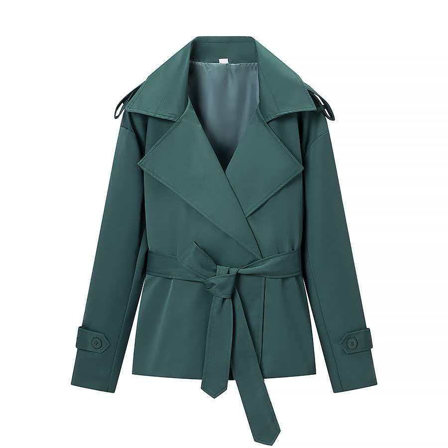 Damen nan kurze Trenchcoat Jacke mit Taillengürtel breitem Revers und dekorativen Schulterklappen EB