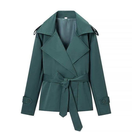 Damen nan kurze Trenchcoat Jacke mit Taillengürtel breitem Revers und dekorativen Schulterklappen EB